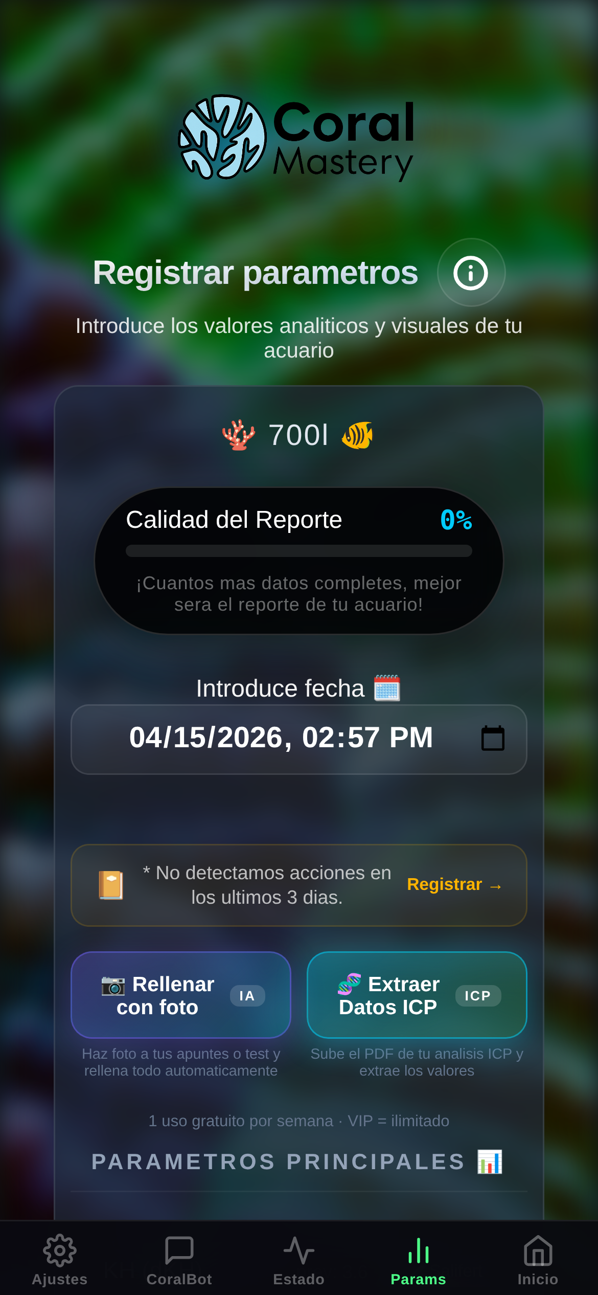 Pantalla de registro de parámetros